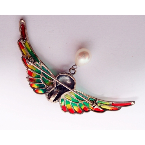 403 - A silver and enamel humming bird brooch with pearl drop, 6.5cm wide