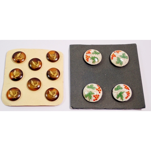 418 - A set of four ceramic buttons painted berries and a set of eight buttons decorated pheasants