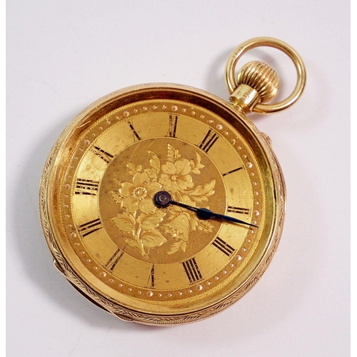 452 - A 19th century 18 carat gold pocket watch with engraved decoration, 43g total weight, 4cm diameter