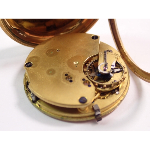 452 - A 19th century 18 carat gold pocket watch with engraved decoration, 43g total weight, 4cm diameter