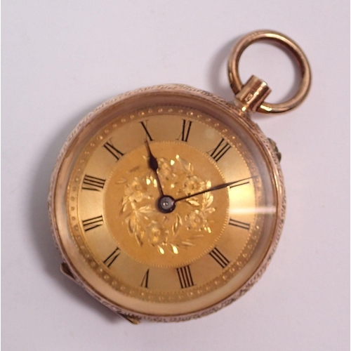 453 - A Swiss 14k gold engraved fob watch, inner liner not gold, 3.3cm, total weight 26g with squirrel hal... 