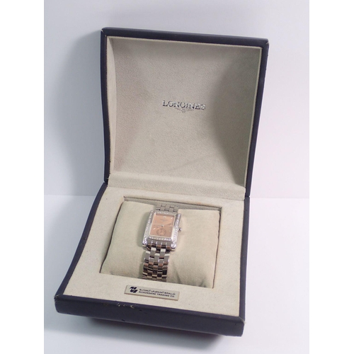 460 - A Longines stainless steel diamond set ladies wrist watch, boxed