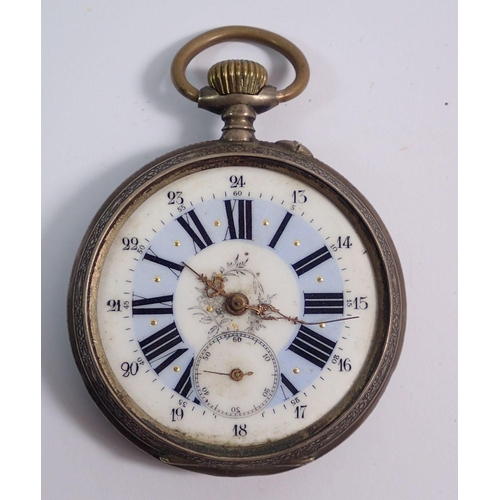 461 - A French 800 standard silver pocket watch engraved steam engine to back, the dial with enamel floral... 