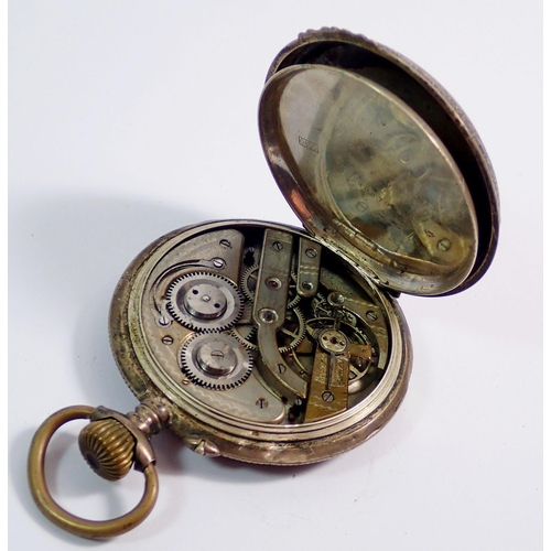 461 - A French 800 standard silver pocket watch engraved steam engine to back, the dial with enamel floral... 