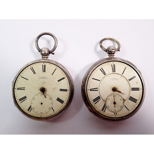 479 - Two silver pocket watches, a silver plated military fob chain and fobs and a pair of yellow metal pi... 