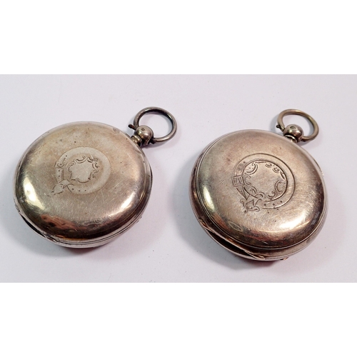 479 - Two silver pocket watches, a silver plated military fob chain and fobs and a pair of yellow metal pi... 