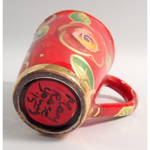 50 - A Mary Rose Young red floral large mug, 11cm tall