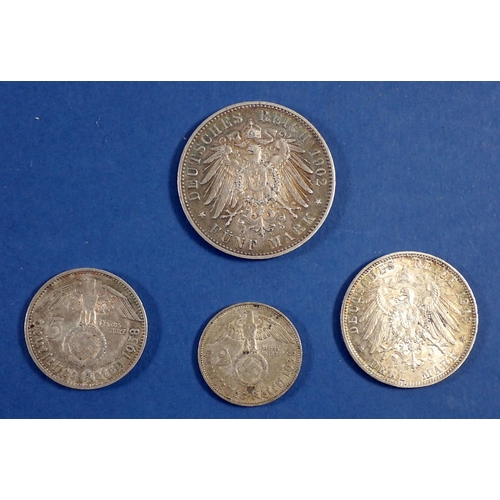 502 - Four German coins to include 1902 Wilhelm II five marks, 1903 Otto three marks and 1938 Nazi 2 and 5... 