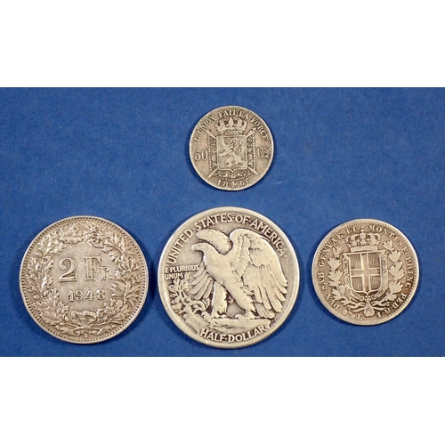 508 - A group of world coins including silver content examples, Carlo Alberto one lira 1835, Swiss two fra... 