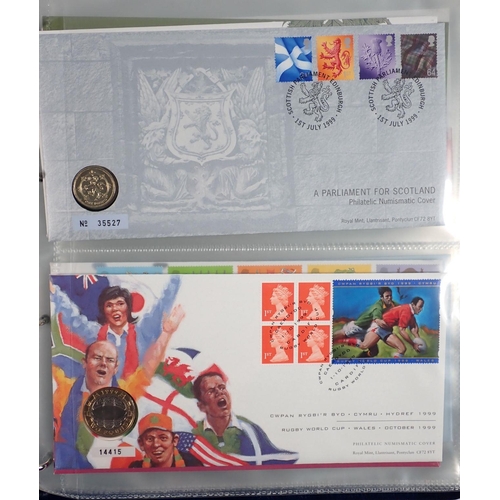 510 - A Royal Mail/Royal Mint philatelic numismatic covers album containing 18 coin and stamp covers inclu... 