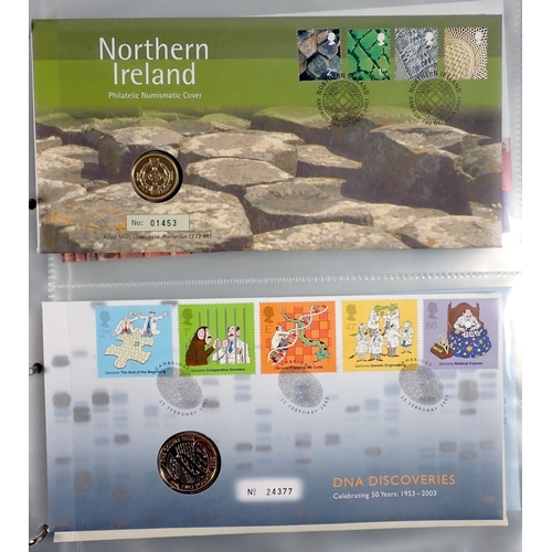 510 - A Royal Mail/Royal Mint philatelic numismatic covers album containing 18 coin and stamp covers inclu... 