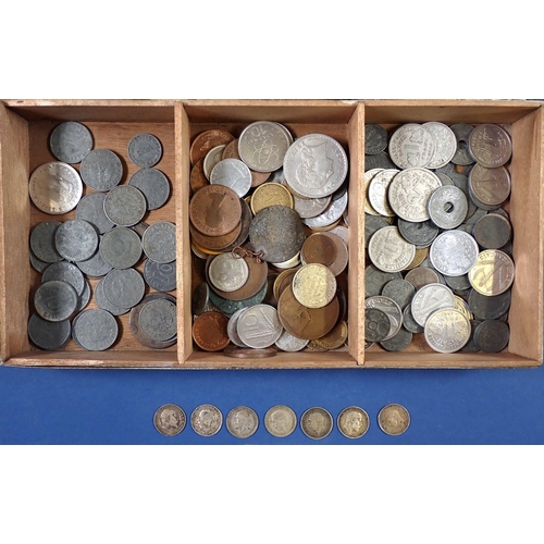 513 - A box of various British and World coins including six silver content threepences Edward VI, George ... 