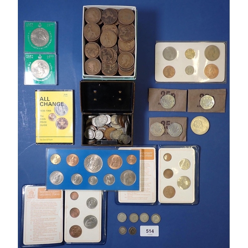 514 - A box of various British coins including some silver content etc.