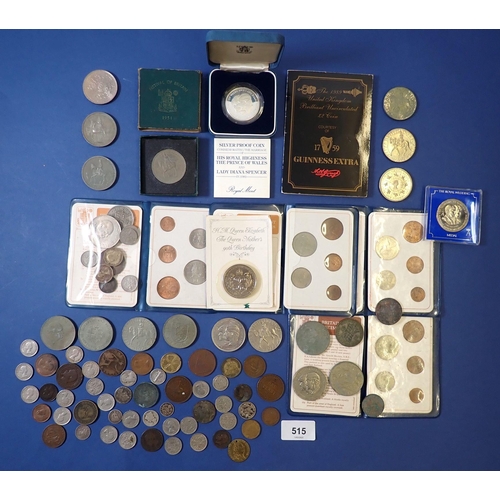 515 - A group of various British and World coins including a silver proof Prince and Princess of Wales cro... 