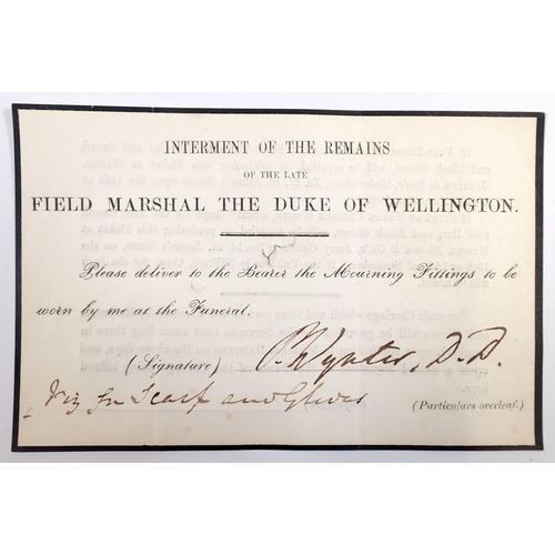 520 - A small printed document relating to the Funeral of the Duke of Wellington and the fittings and clot... 