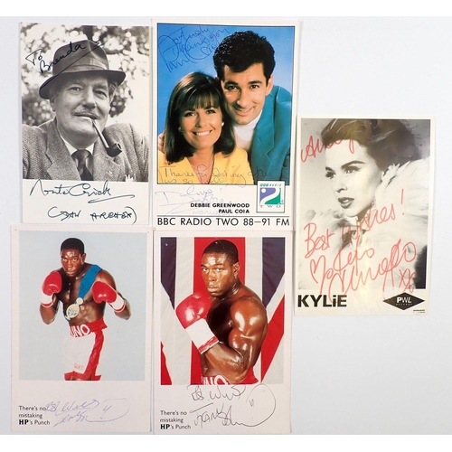 524 - Two autographed Frank Bruno cards, a Kylie Minogue one, Monte Crick from The Archers and BBC Radio T... 