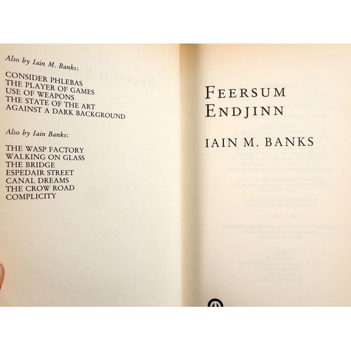 573 - Feersum Endjinn by Iain M Banks 1994, 1st edition together with Against a Dark Background, 1st