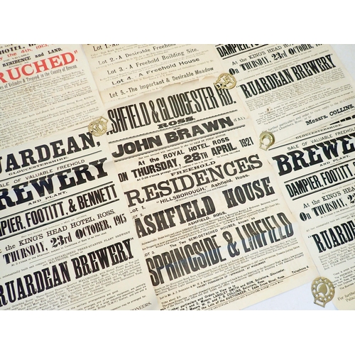 583 - A collection of eight auction posters including Ruardean Brewery and agricultural land at Ross on Wy... 