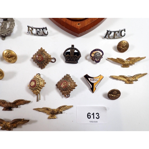 613 - A box of Royal Flying Corps and Royal Air Force insignia cap and collar badges, a New Zealand Air Fo... 