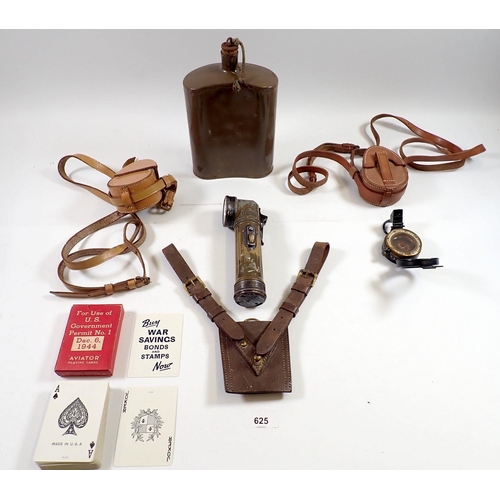 625 - A box of various military items including torch, leather frog, flask etc.