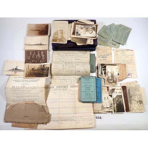 626 - A collection of ephemera relating to a Thomas Middleton Royal Navy J37291 including certificate of s... 