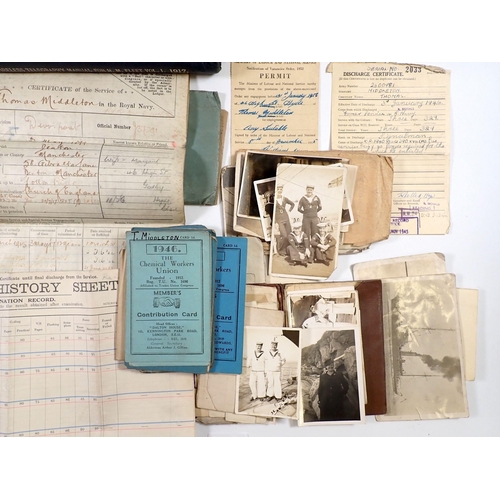 626 - A collection of ephemera relating to a Thomas Middleton Royal Navy J37291 including certificate of s... 