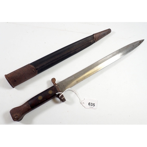 635 - A WWI Martini Henry pattern bayonet marked WD, A8E under crown with scabbard, blade, 30.5cm