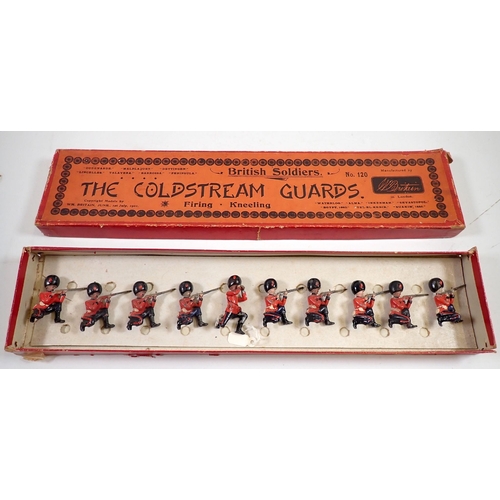 694 - A Britains boxed military set, The Coldstream Guards No 120 1st July 1901, nine kneeling firing sold... 