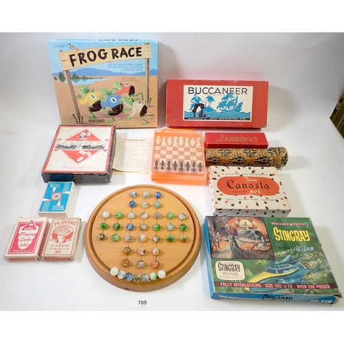 709 - A box of various vintage games including marble solitaire, Buccaneer, Spears Frog Race, Barden Canas... 