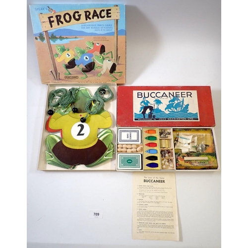 709 - A box of various vintage games including marble solitaire, Buccaneer, Spears Frog Race, Barden Canas... 