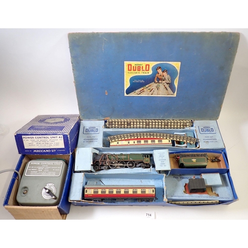 714 - A vintage Hornby Dublo Duchess of Montrose Electric train set - box a/f plus a Meccano power control... 