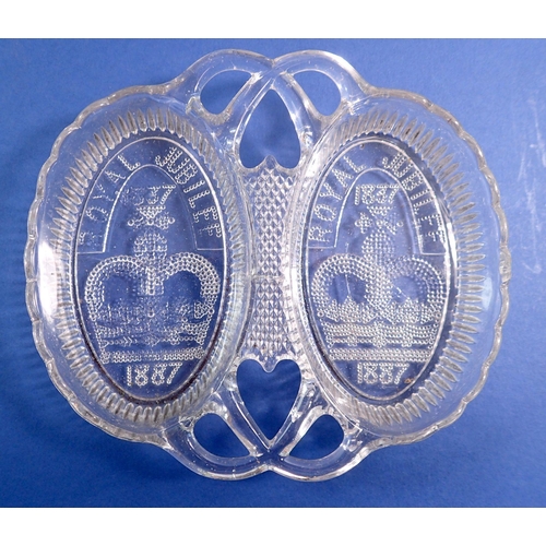 95 - An 1887 Golden Jubilee Davidson glass twin trinket dish, 17cm wide together with an 1887 Jubilee pin... 