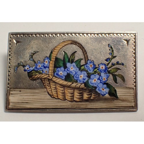 359 - A Victorian silver and enamel rectangular brooch decorated basket of blue flowers, unmarked, initial... 