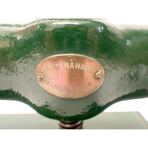 946 - A Victorian Palmer & Howe green cast iron book press, 40cm wide - not suitable for posting!