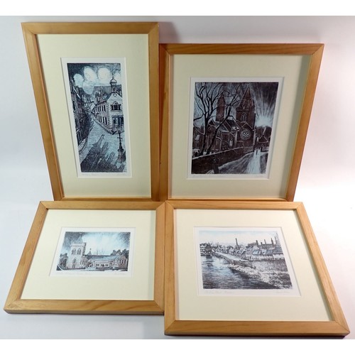 1073 - A group of four David Adam signed prints of Brechin Scotland, largest 21 x 17.5cm