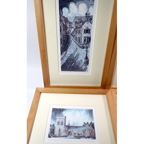 1073 - A group of four David Adam signed prints of Brechin Scotland, largest 21 x 17.5cm