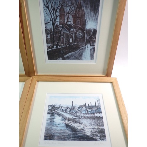 1073 - A group of four David Adam signed prints of Brechin Scotland, largest 21 x 17.5cm