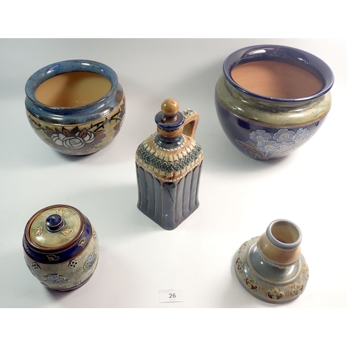 26 - Two Royal Doulton jardinières, a match striker, a tobacco jar and a Doulton Lambeth flask 24cm tall ... 