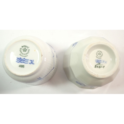56 - Three Copenhagen blue and white storage jars, tallest 22cm and two small pots