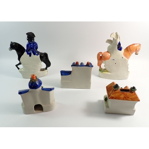 29 - Two Victorian Staffordshire figures of Dick Turpin and a woman on horseback with sheaf of corn plus ... 