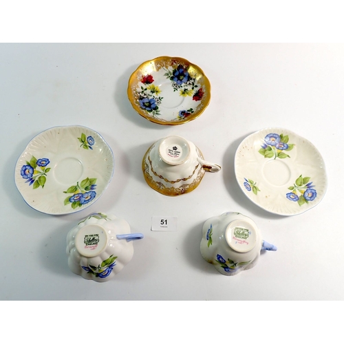 51 - Two Shelley Morning Glory teacups and saucers and a Royal Albert one