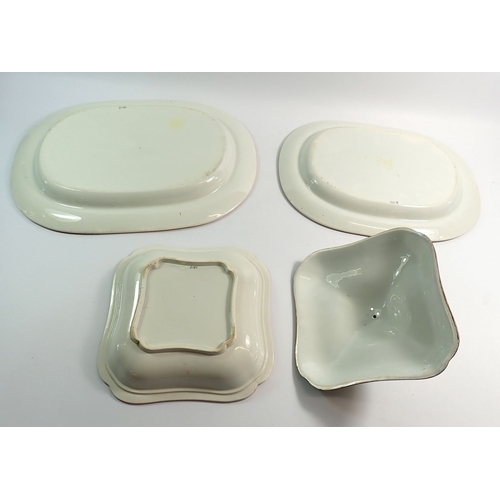 58 - An early 19th century Spode creamware tureen and two meat plates painted floral design on pea green ... 