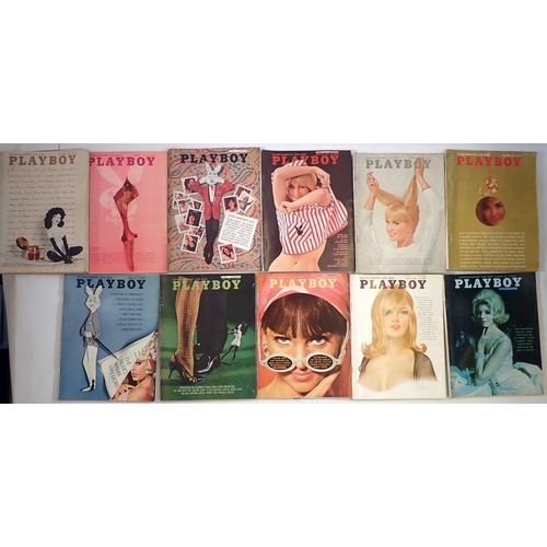 654 - A box of vintage American Playboy magazines - 1963 5 issues, 1964 all 12 issues, 1965 all 12 issues,... 