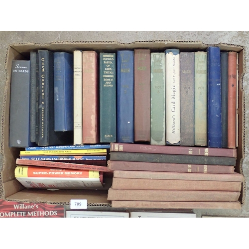 709 - A box of vintage magic books dating from the 1950's including The Gen monthly, Hugards Magic monthly... 