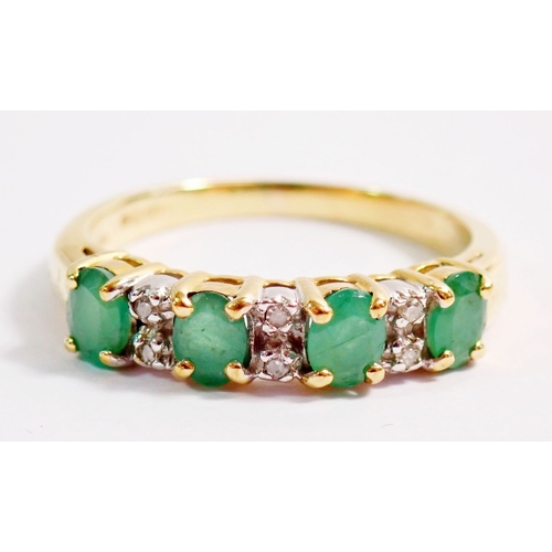 288 - A 9ct gold ring set four small emeralds interspered with six small diamonds, 2.2g, size L