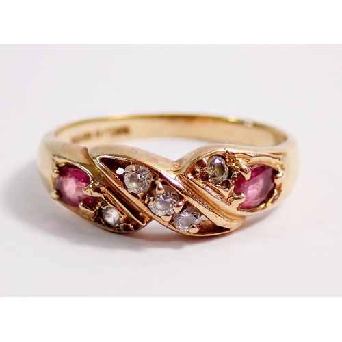 290 - A 9 carat gold ring set rubies and white stones, 2.8g, size N to O