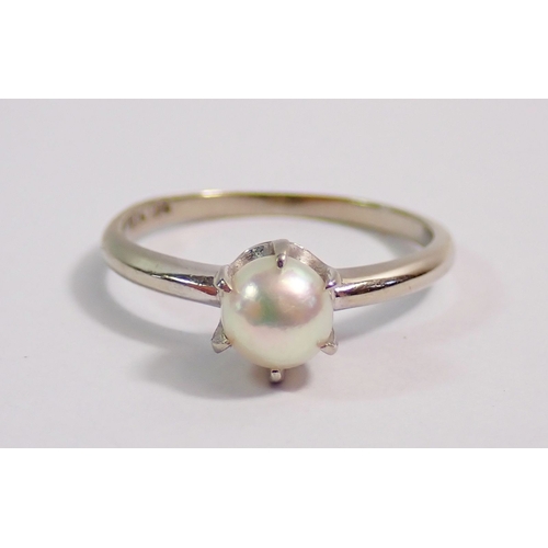 293 - A 10 carat white gold ring set pearl, 1.5g, size K to L