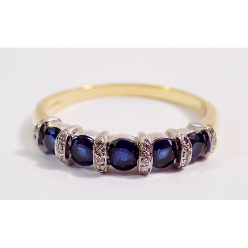 295 - An 18 carat gold ring set five sapphires interspersed by six bands of chip diamonds, 4.4g, size T to... 