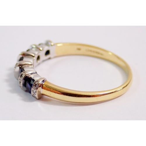 295 - An 18 carat gold ring set five sapphires interspersed by six bands of chip diamonds, 4.4g, size T to... 