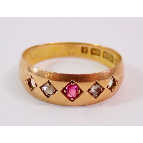 301 - A 15ct gold gypsy ring set ruby and two chip diamonds, (two stones defficient), 1.8g, size L